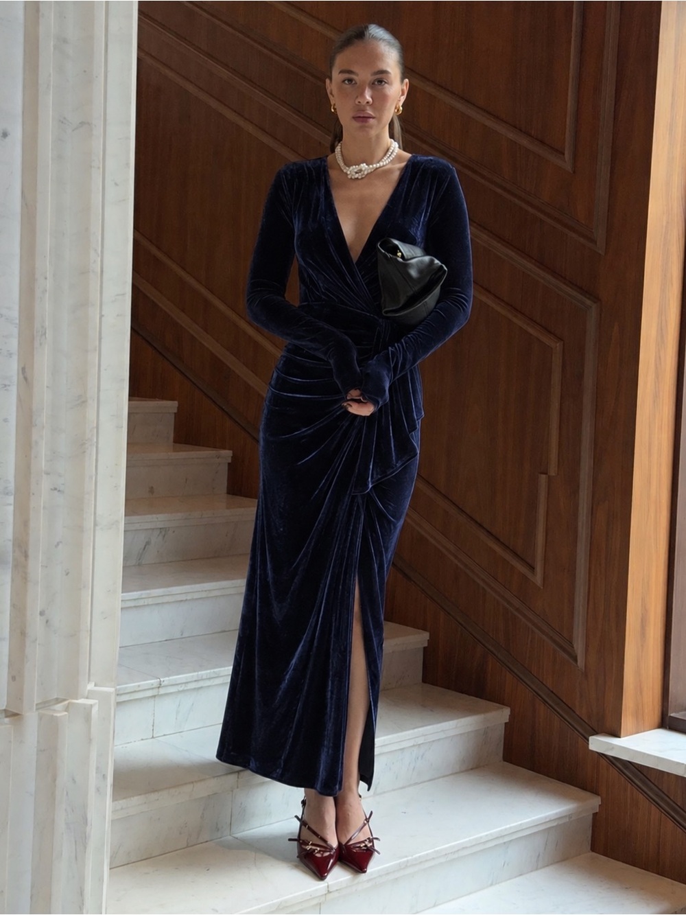 Zara Navy Velvet Wrap Maxi Dress Ruched Side Slit Long Sleeve S
